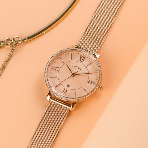 【FOSSIL】公司貨 Jacqueline 羅馬晶鑽米蘭腕錶/玫瑰金(ES4628)