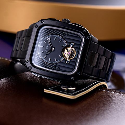 【FOSSIL】公司貨 方形闇黑鏤空機械不鏽鋼腕錶/黑 男錶(ME3238)
