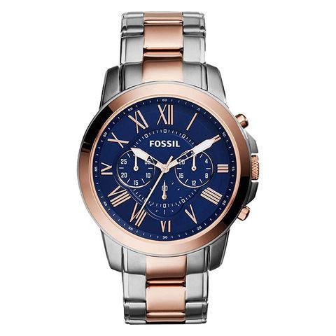 【FOSSIL】Grant FS5024 羅馬字 鋼錶帶 三眼計時男錶 藍/玫瑰金 44mm