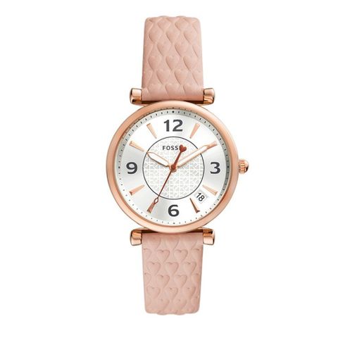 FOSSIL Carlie 甜心愛心壓紋真皮手錶銀白x玫瑰金框x粉/34mm/ES5269