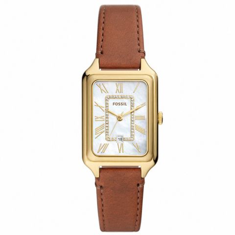 【FOSSIL】公司貨 方形羅馬優雅皮革腕錶/棕x白面 女錶(ES5307)