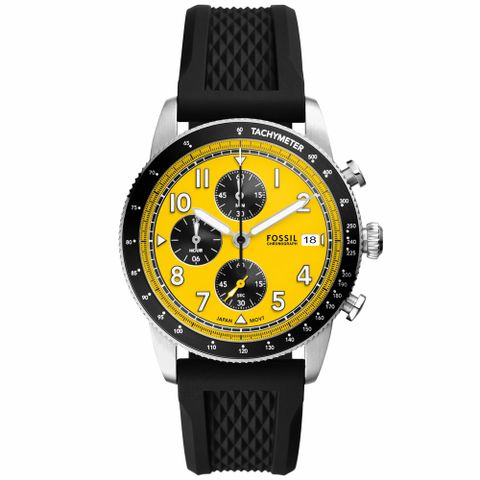 【FOSSIL】公司貨 Sport Tourer 城市探險三眼計時矽膠腕錶/黑x黃面 男錶(FS6044)
