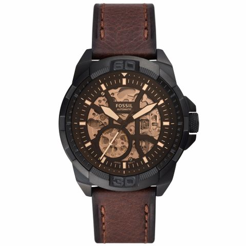 【FOSSIL】公司貨 Bronson 復古風潮鏤空機械皮革腕錶/咖x黑框 男錶(ME3219)