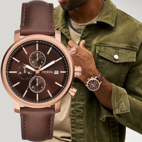 FOSSIL Rhett 復古棕 多功能三眼手錶-43mm BQ2877