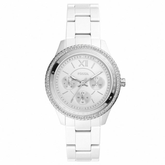 FOSSIL Stella 晶鑽錶圈三眼女錶白陶瓷錶帶38MM/CE1113