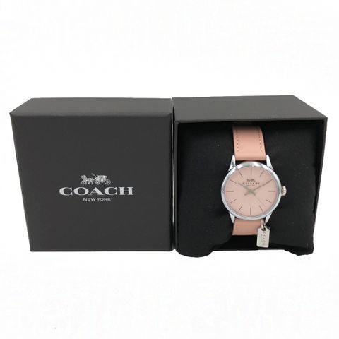 【COACH】經典LOGO牛皮錶帶小吊牌女用手錶(粉)