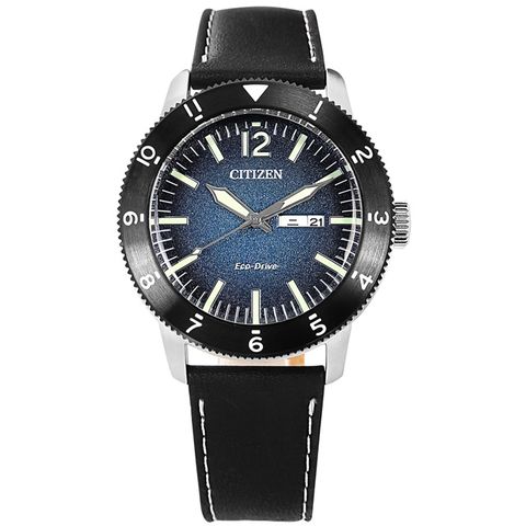 CITIZEN / AW0077-19L / 光動能 潛水風 星期日期 日本機芯 防水100米 小牛皮手錶 藍x銀框x黑 44mm