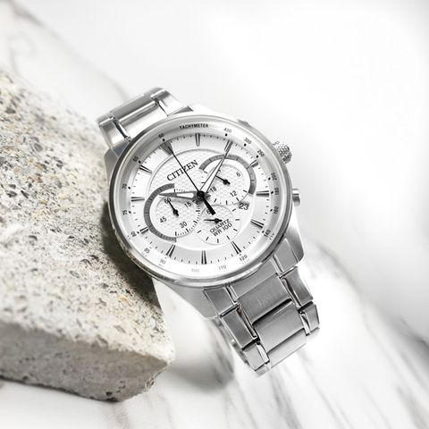 CITIZEN / AN8190-51A / 經典商務 三眼計時 礦石強化玻璃 日期 防水100米 不鏽鋼手錶 白色 42mm