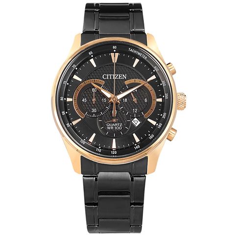 CITIZEN / AN8196-55E / 經典商務 三眼計時 日期 防水100米 不鏽鋼手錶 黑x玫瑰金框 42mm