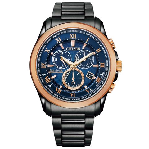 CITIZEN星辰 GENTS系列 光動能玫瑰金三眼計時腕錶 43mm / BL5546-81L