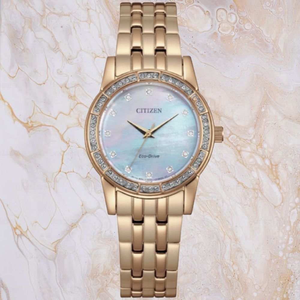 CITIZEN 星辰 LADYS 光動能華麗水晶玫瑰金腕錶 母親節 禮物 推薦 EM0773-54D