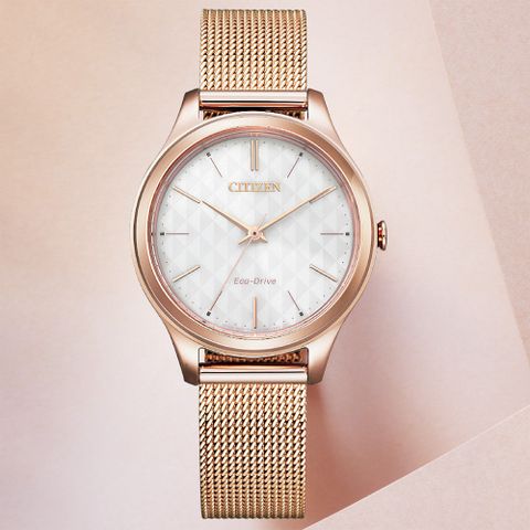 CITIZEN星辰 LADYS系列 光動能玫瑰金格紋腕錶 32mm/EM0508-80A