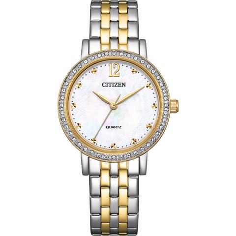 CITIZEN 星辰 LADYS 輕奢水晶鑽白蝶貝玫瑰金淑女石英錶EL3104-54D