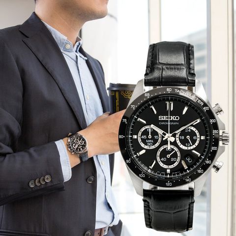 【SEIKO精工】貴族風範三眼計時皮革腕錶/黑x銀框 (SBTR021_M)