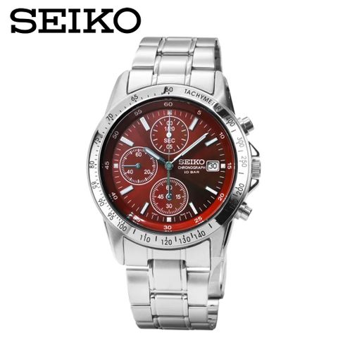 SEIKO 精工 三眼計時手錶-酒紅色面X銀色/38mm(SBTQ045)