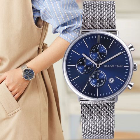RELAX TIME 三眼計時系列 經典時尚腕錶-不鏽鋼x藍 / RT-85-2