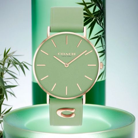 母親感恩月▼送禮推薦COACH Perry 品牌C字皮錶帶女錶-玫瑰金x萊姆綠 CO14503921