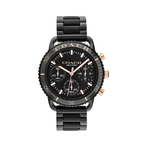 【Coach】CRUISER陶瓷錶圈三眼計時鋼帶腕錶-奢華黑/CO14504049/台灣總代理公司貨享兩年保固
