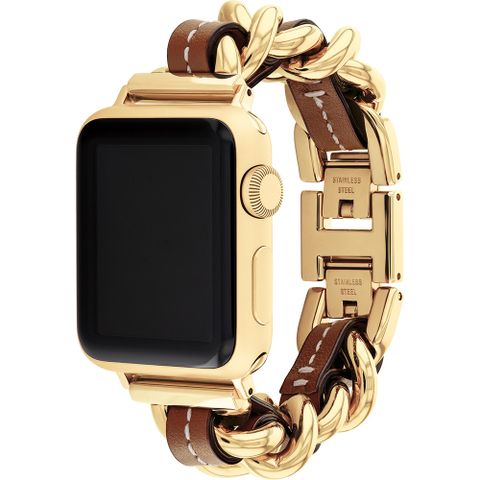 ▼Apple Watch 錶帶▼COACH Apple Watch 錶帶 38/41mm 適用 鍊帶結合皮錶帶 - 金x咖(不含手錶)