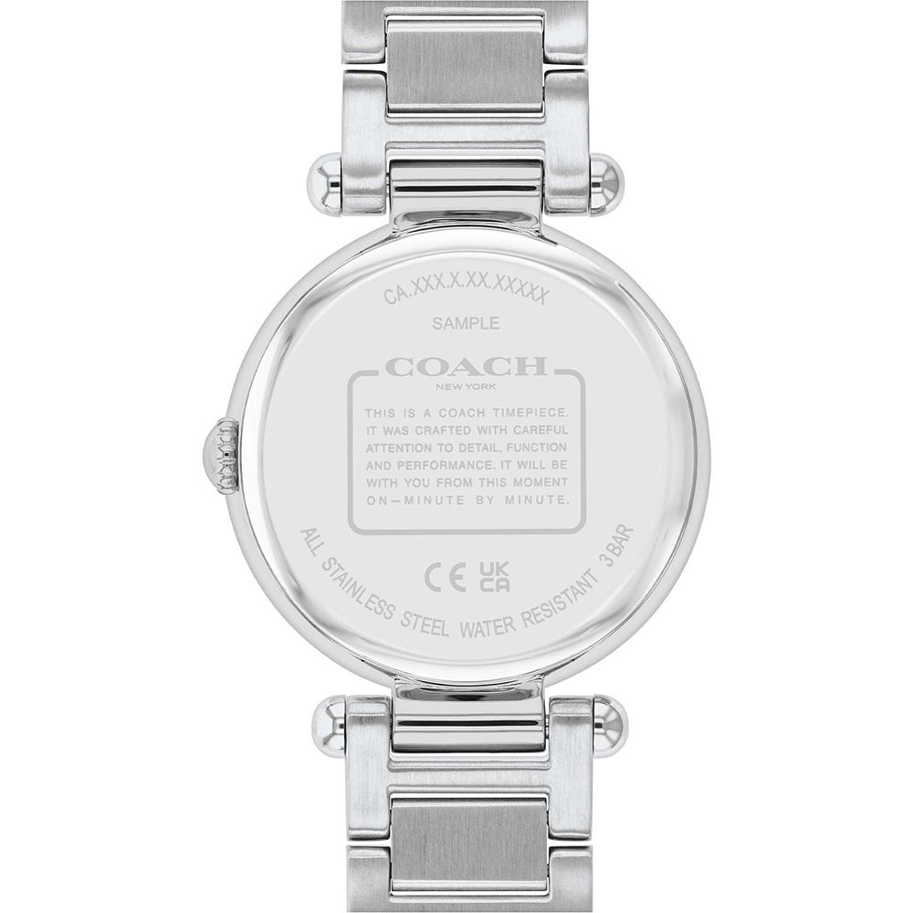 CAXXXXXXXXXXXSAMPLECOACHNEW YORKTHIS IS A COACH TIMEPIE.IT WAS CRAFTED WITH CAREFULATTENTION TO DETAIL, FUNCTIONAND PERFORMANCE. IT WILL BEWITH YOU FROM THIS MOMENTONMINUTE BY MINUTE.CE WATER RESISTANT3 BARALL STAINLESS STEEL