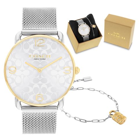 COACH 蔻馳 經典滿版 Logo 女錶 手鍊套組-36mm(CO14000117)