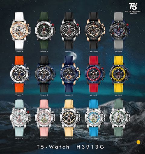 【T5】-H3913G-美國潮牌時尚流行表-六角螺絲裝飾錶殼/金屬造型面板/真三眼石英-矽硅膠表帶手錶