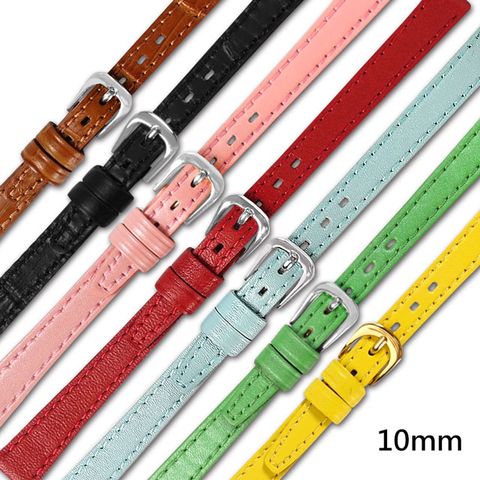 Watchband / 10mm / 各品牌通用 不鏽鋼扣頭 真皮錶帶 淺咖/黑/粉/藍/綠/紅/黃 ＃213-F