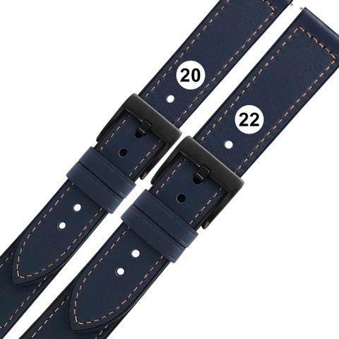 Watchband /20.22 mm/各品牌通用 經典復刻 黑鋼扣 外層真皮 內層橡膠錶帶 深藍色＃858-318-NBE