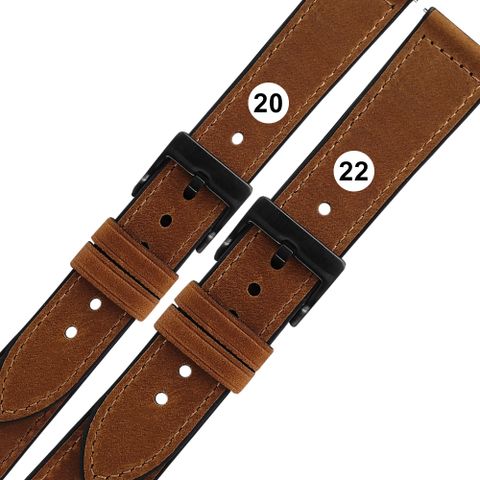 Watchband / 20.22 mm /各品牌通用 經典復刻 黑鋼扣 外層真皮 內層橡膠錶帶 棕色858-318-BN