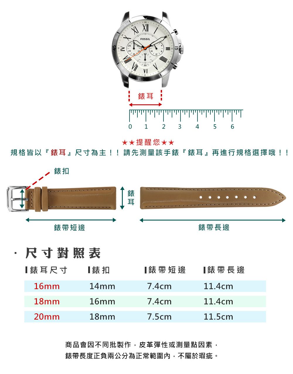 IV FOSSIL0123456提醒您**規格皆以『錶耳』尺寸為主!!請先測量該手錶『錶耳』再進行規格選擇哦!!錶扣錶帶短邊錶 耳錶帶長邊尺寸對照表錶耳尺寸 錶扣錶帶短邊錶帶長邊16mm14mm7.4cm11.4cm18mm16mm7.4cm11.4cm20mm18mm7.5cm11.5cm商品會因不同批製作,皮革彈性或測量點因素,錶帶長度正負兩公分為正常範圍內,不屬於瑕疵。