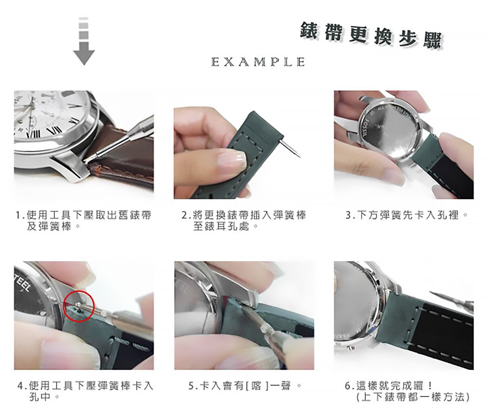 錶帶更換步驟EXAMPLE1.使用工具下壓取出舊錶帶及彈簧棒。2.將更換錶帶插入彈簧棒至錶耳孔處。3.下方彈簧先卡入孔裡。TEEL4.使用工具下壓彈簧棒卡入孔中。5.卡入會有[喀 ]一聲。6.這樣就完成囉!(上下錶帶都一樣方法)