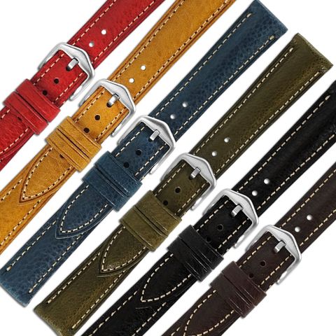 Watchband / 18.20.22mm / 各品牌通用 白線牛皮錶帶 黑/深咖啡/藍/綠/黃/紅 ＃213-VT