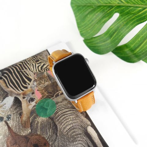 Apple Watch 全系列通用錶帶 蘋果手錶替用錶帶 細緻柔軟 白線牛皮錶帶 黃色 ＃213-VT-40W