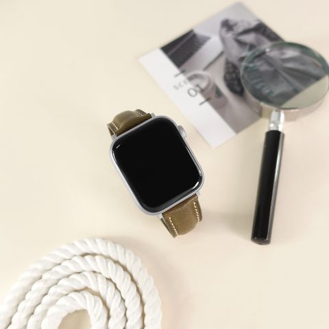 Apple Watch 全系列通用錶帶 蘋果手錶替用錶帶 細緻柔軟 白線牛皮錶帶 綠色 ＃213-VT-50W