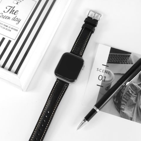 Apple Watch 全系列通用錶帶 蘋果手錶替用錶帶 細緻柔軟 白線牛皮錶帶 黑色 ＃213-VT-10W