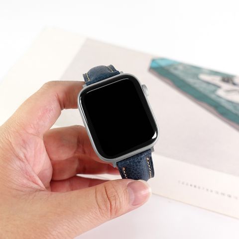 Apple Watch 全系列通用錶帶 蘋果手錶替用錶帶 細緻柔軟 白線牛皮錶帶 藍色 ＃213-VT-60W