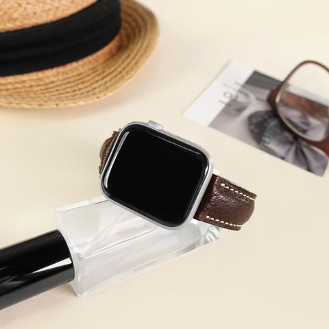 Apple Watch 全系列通用錶帶 蘋果手錶替用錶帶 細緻柔軟 白線牛皮錶帶 深咖啡色 ＃213-VT-22W