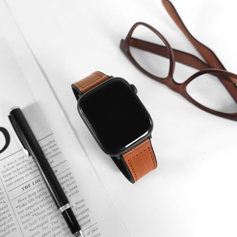 Apple Watch 全系列通用錶帶 蘋果手錶替用錶帶 黑鋼磁吸扣 外層皮革 內層橡膠錶帶 棕色 #858-336IC-BN