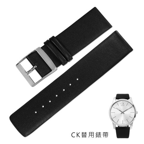 Watchband / 22mm / Calvin Klein 同寬 真皮皮革替用錶帶 附扣頭 黑色 #601-CK-01