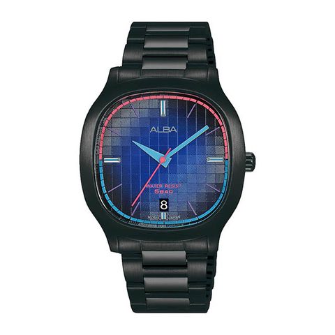 ALBA 雅柏方型強化鏡面日期鋼帶錶-黑色37mm(AS9L87X1)