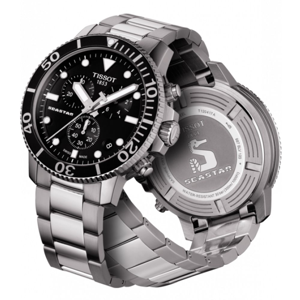 TISSOT 天梭   官方授權 SEASTAR海星計時300米潛水錶/黑X銀/45.5mm/T1204171105100