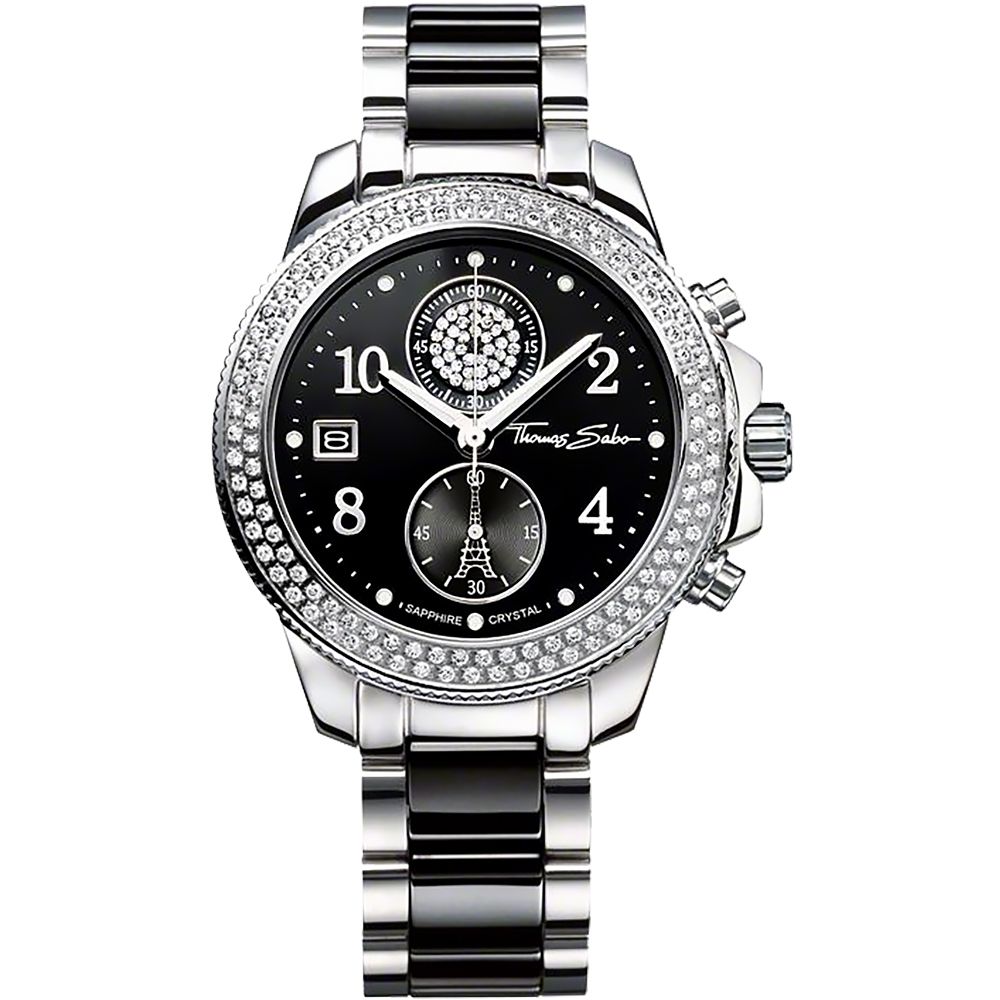  Thomas Sabo It Girl 艾菲爾鐵塔計時玻麗手錶-黑x銀/38mm WA0055