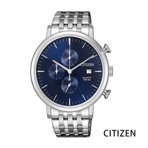 CITIZEN 星辰 三眼計時/日期視窗/日本機芯/不鏽鋼男錶/藍色/41mm/AN3610-55L