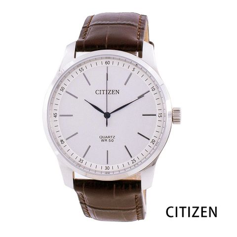 CITIZEN 星辰 簡約時尚 真皮壓紋手錶 (BH5000-08A)-白x銀框x咖啡/42mm