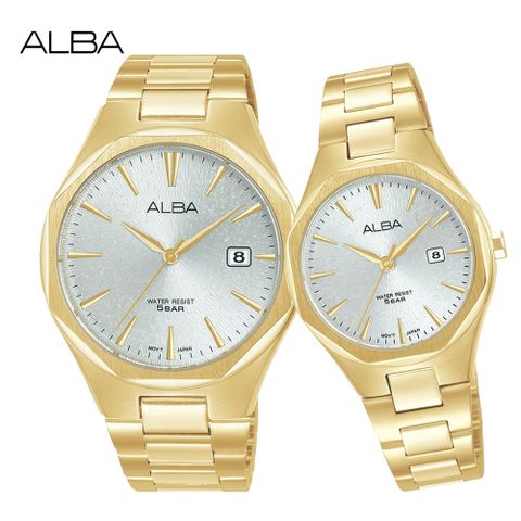 ALBA 雅柏 八角切面時尚對錶/銀X金 (VJ42-X370G+VJ22-X431G)