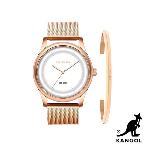 【KANGOL】限量1+1禮盒組 (弧形時尚腕錶+簡約Logo手環) 玫瑰金 KG71238-06ZW