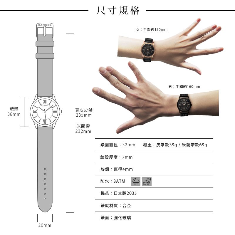 KANGOL錶殼真皮皮帶38mm235mm米蘭帶232mm尺寸規格女:手圍約150mm男:手圍約160mm錶面直徑:32mm總重:皮帶款35g/米蘭帶款65g錶殼厚度:7mm20mm旋鈕:直徑4mm防水:3ATM機芯:日本製2035錶殼材質:合金錶面:強化玻璃