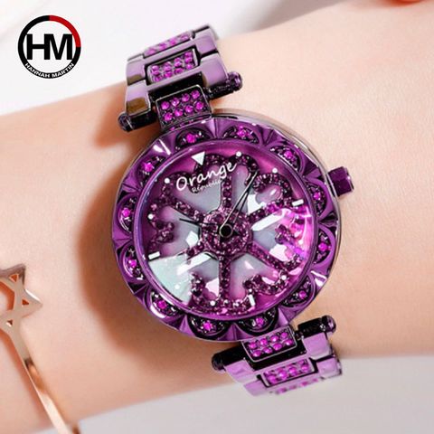送精美手環+精美項鍊HANNAH MARTIN 時來運轉腕錶-紫(HM-6012)