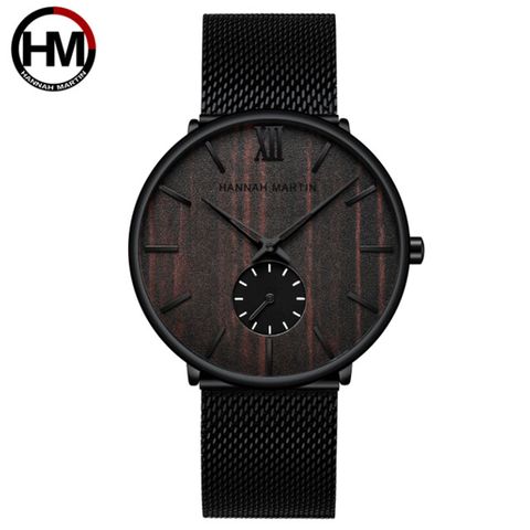 送HM手環項鍊禮盒組HANNAH MARTIN 木紋質感設計款式錶-烏木色(HM-1002)