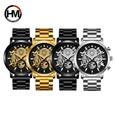 HANNAH-MARTIN 鏤空多功能日曆黑金商務潮流男錶-HM-1094